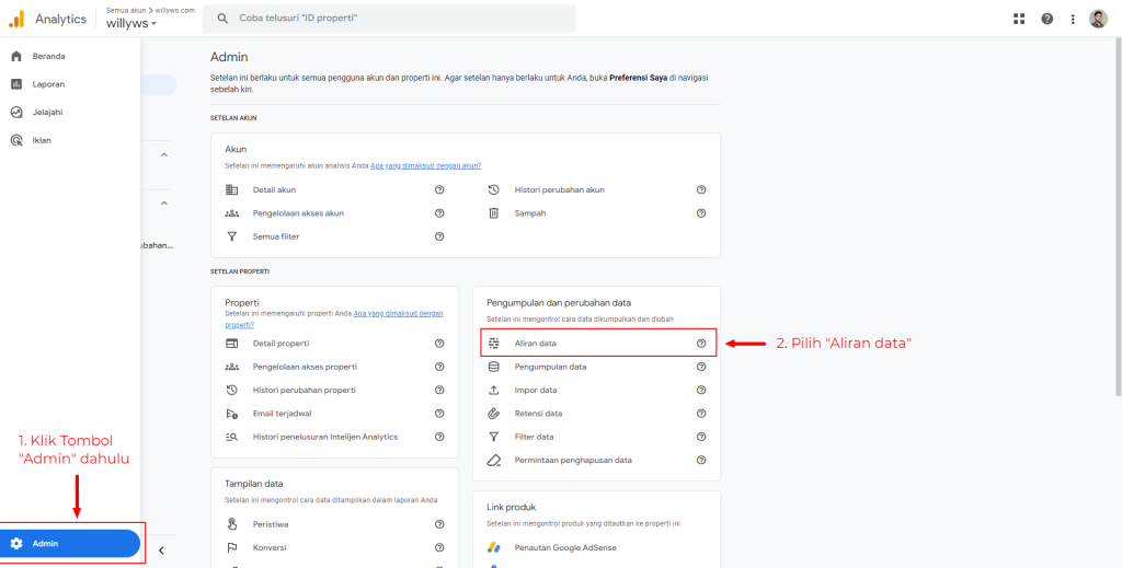 Klik Admin dan Pilih Aliran data