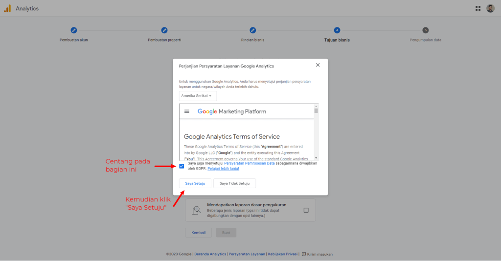 menyetujui Perjanjian Persyaratan Layanan Google Analytics